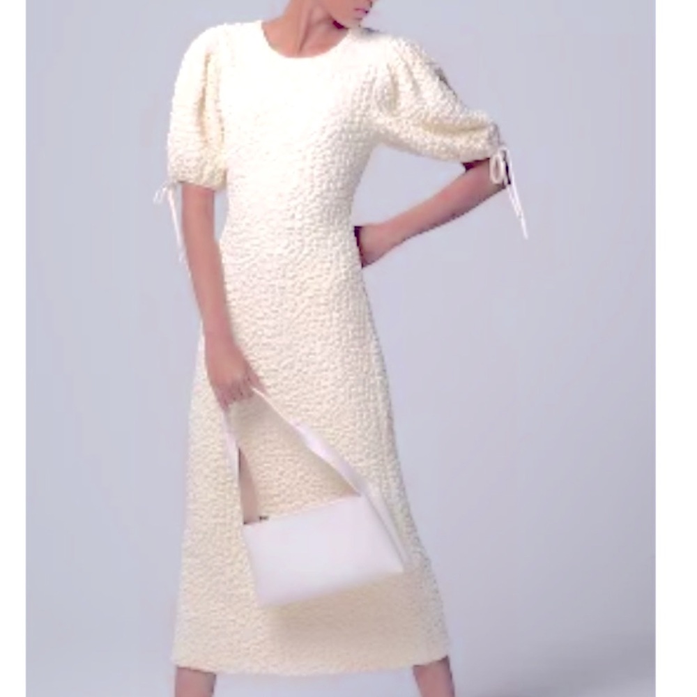 English Factory Cream Sheath Midi Dress with Puff Sleeves